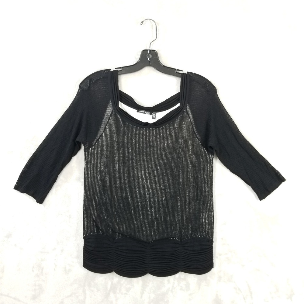 Vtg Knit Top Women PL Black Ruched Double Layer Semi Sheer Old Money Mob Wife‎